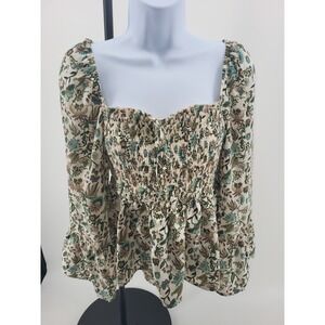 Francescas Mi Ami Top Womens Large Green Floral Linen Blend‎ Cottage Coquette